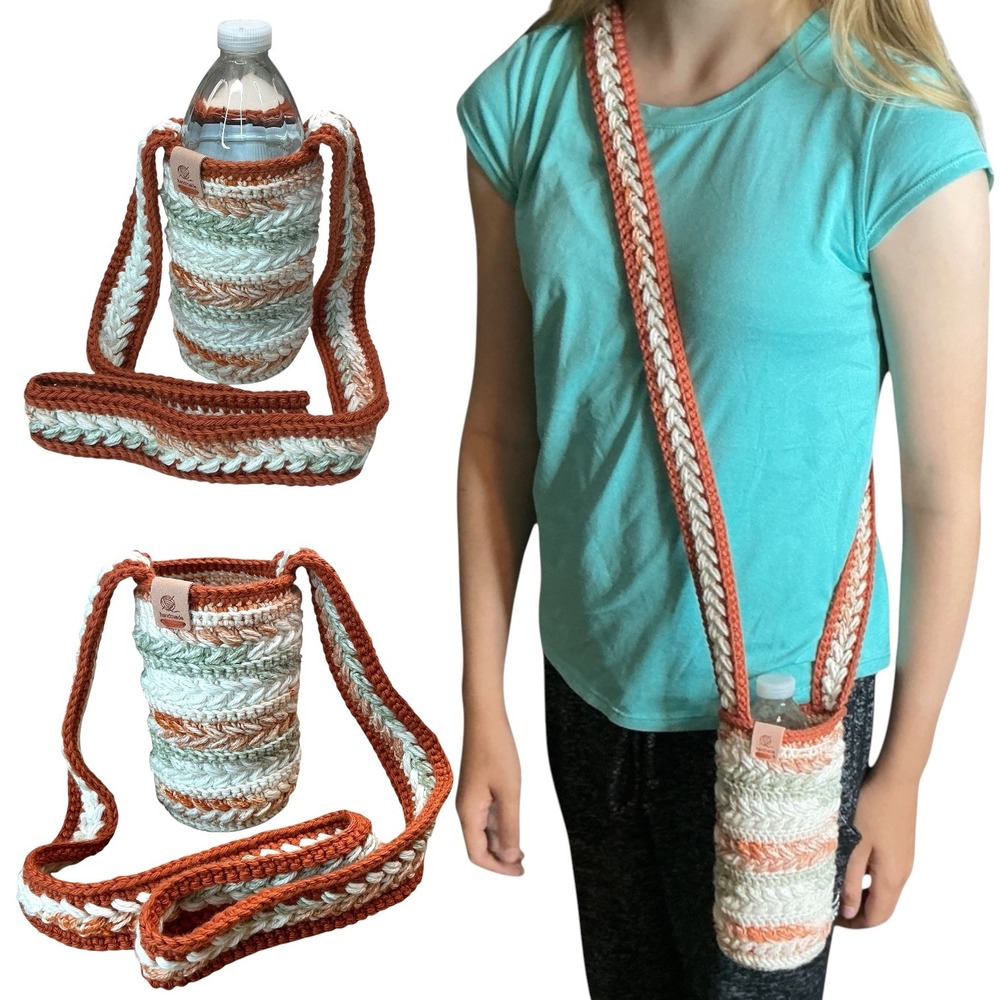 Handmade Multicolor Crochet Water Bottle Holder Bag Wheat Stitch Boho Crossbody